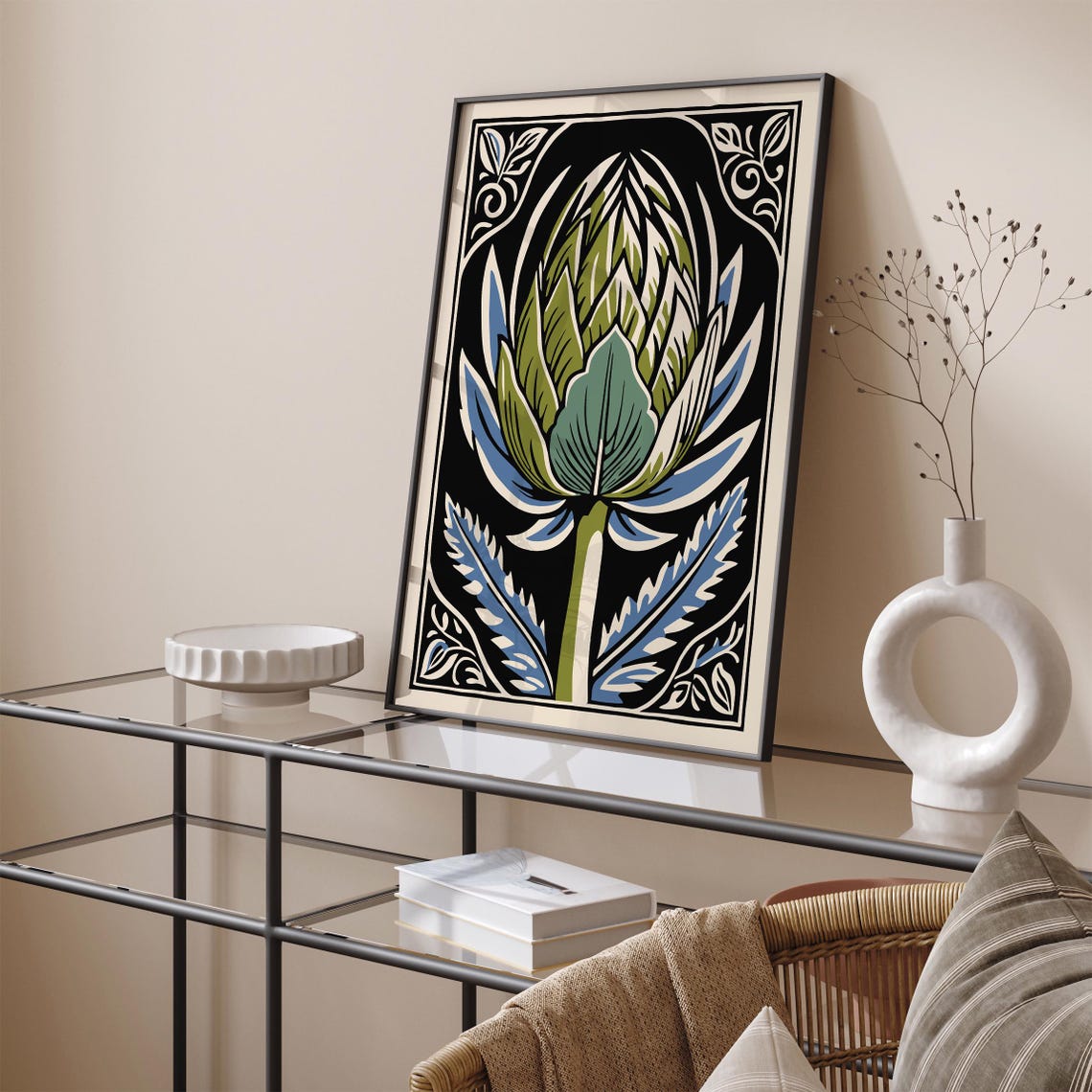 Green Artichoke Linocut on Black With Blue Leaves Kitchen Poster - Image 4