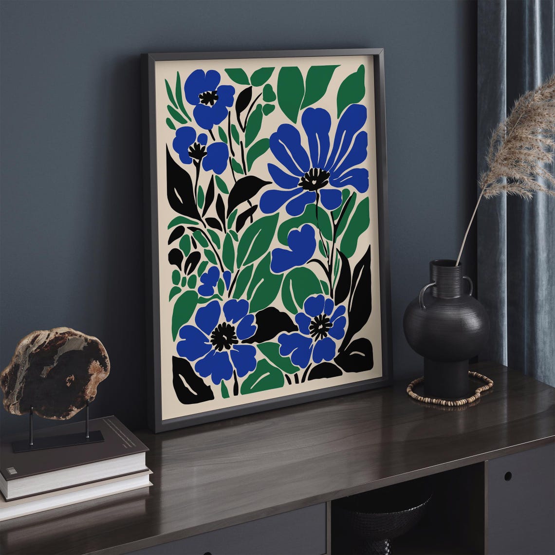 Blue Floral Botanical Poster Green Leaves on Warm Cream Background - Image 2
