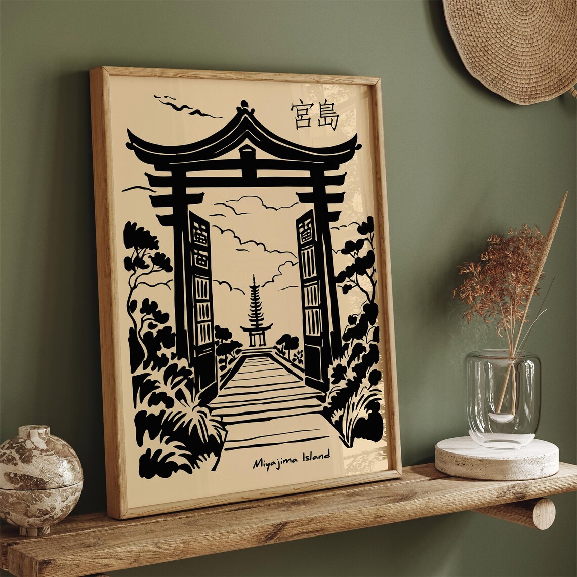 Miyajima Island Zen Torii Gate Black Ink Japanese Travel Poster