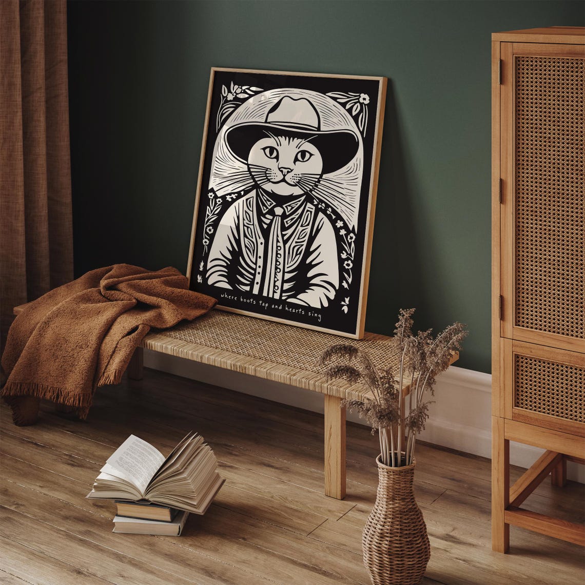Cowboy Cat Linocut Poster Where Boots Tap and Hearts Sing Along - Image 4