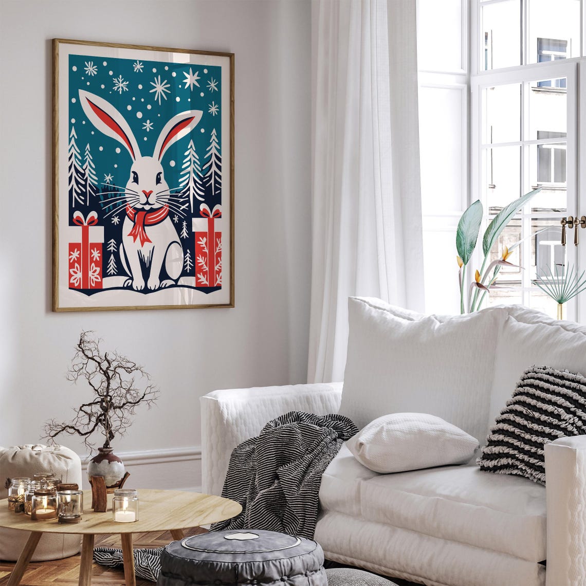 White Christmas Bunny Winter Scene Gift Holiday Festive Poster - Image 6