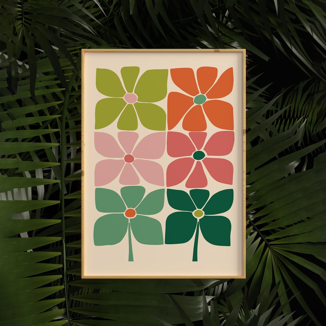 70s Retro Grid of Six Bold Colorful Flowers Floral Art Poster - Image 6