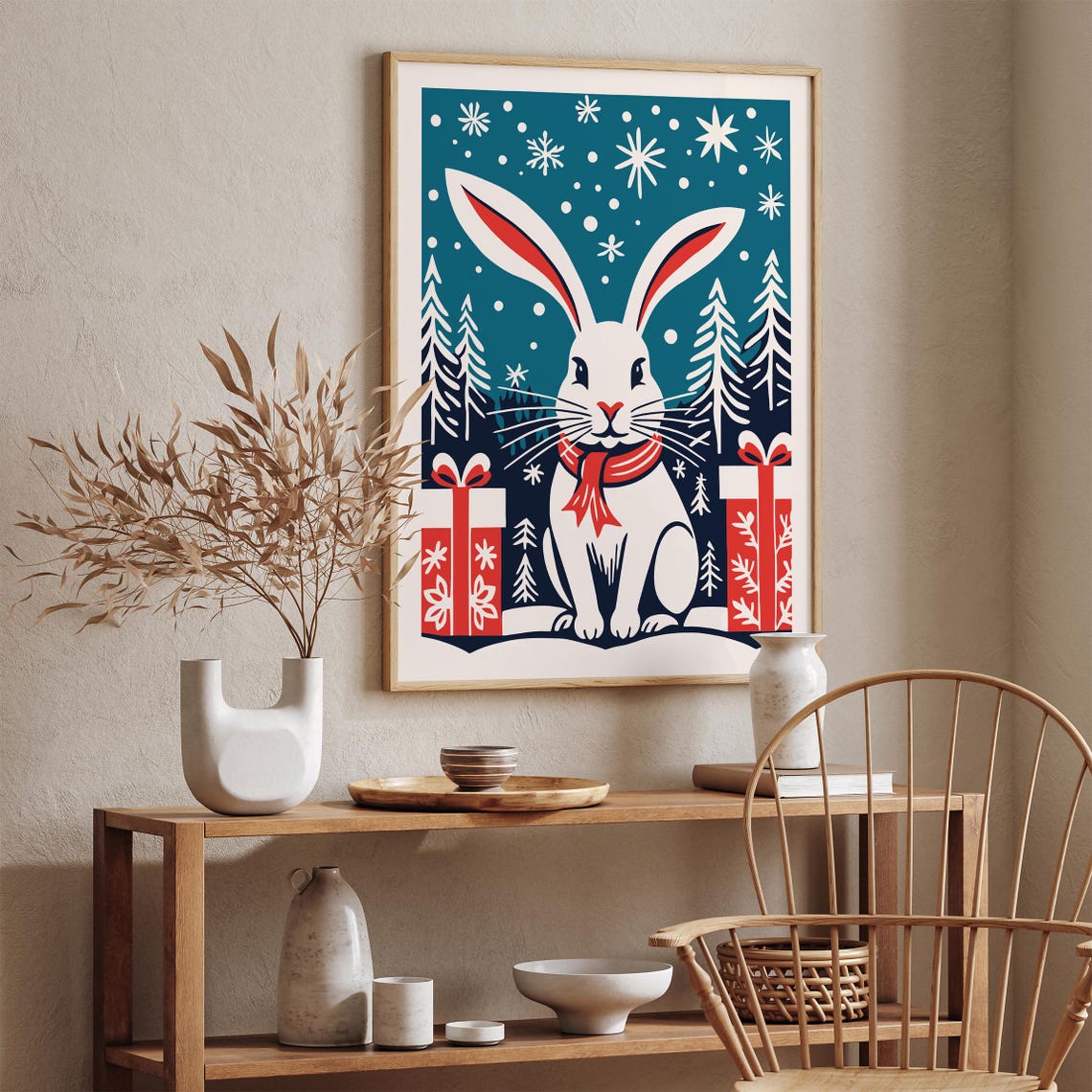 White Christmas Bunny Winter Scene Gift Holiday Festive Poster - Image 3