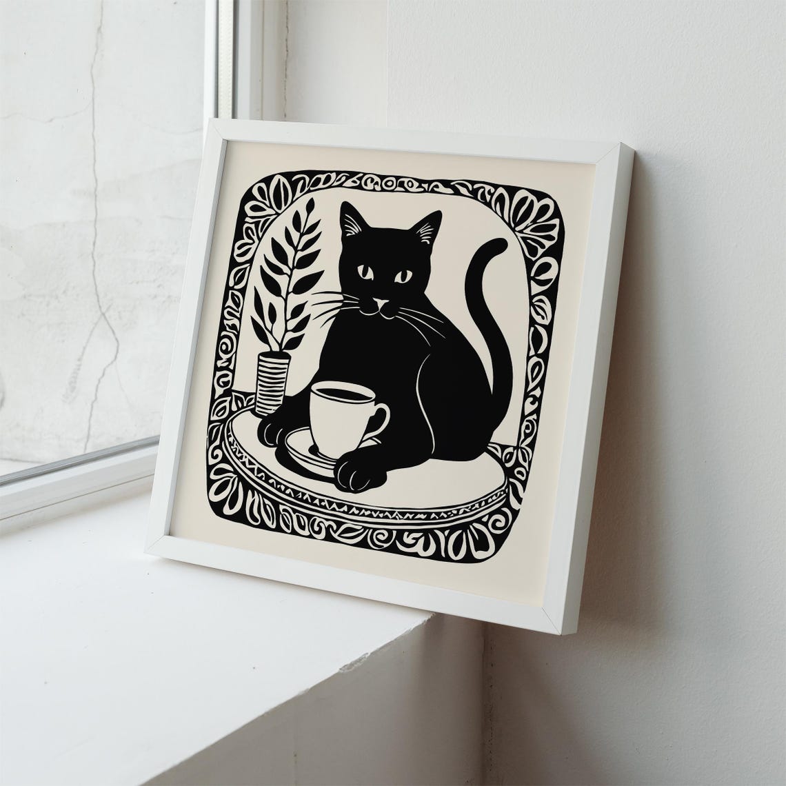 Cozy Black Cat With Coffee Cup Black and White Linocut Art Print - Image 6
