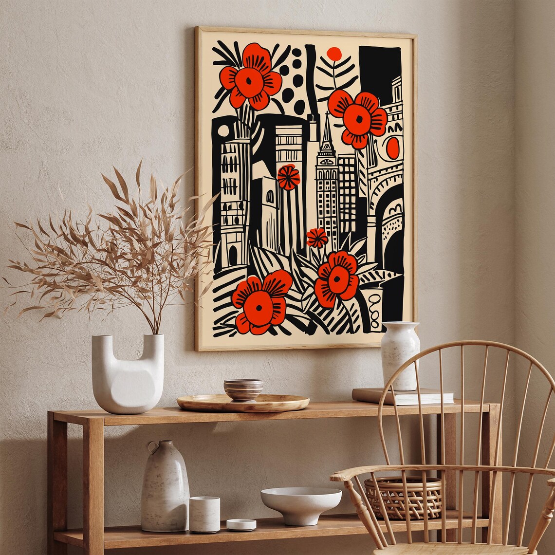 London England Skyline Linocut Red Poppies Floral City Poster - Image 2