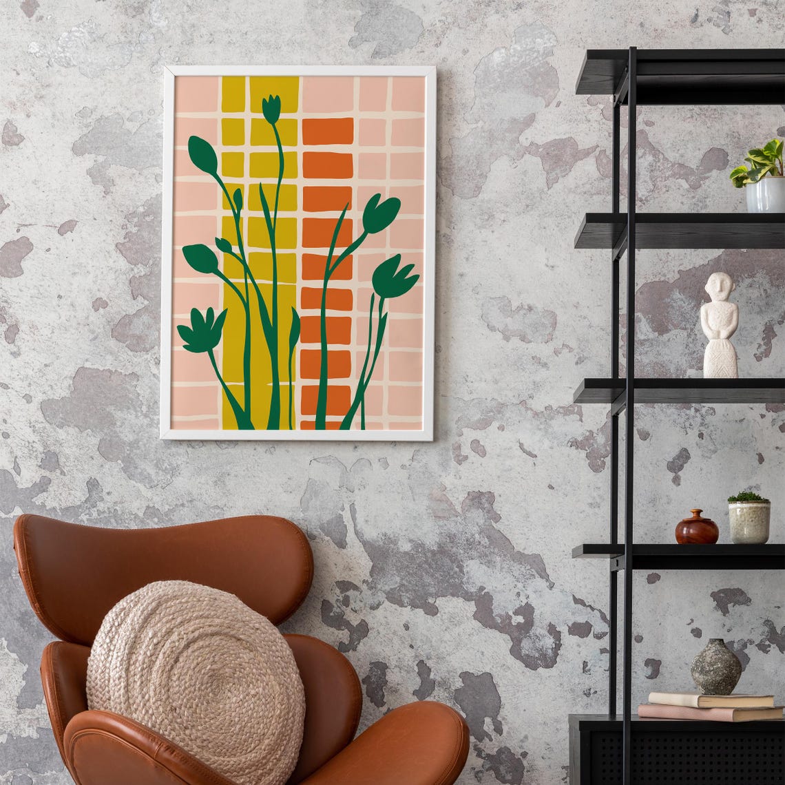 Green Tulip Silhouettes Warm Peach Grid Botanical Art Poster - Image 6