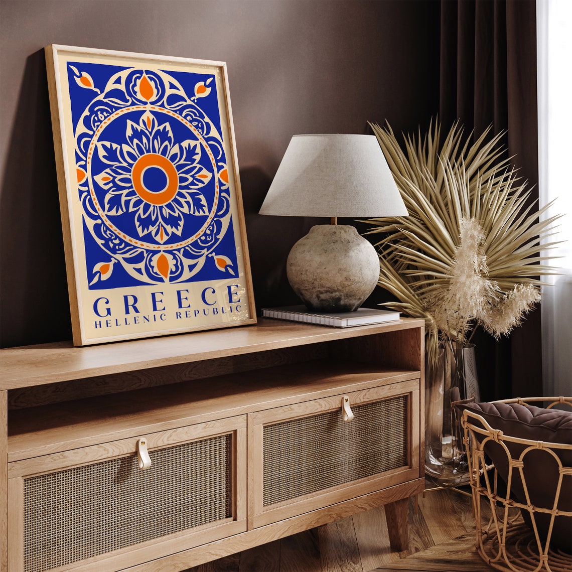 Greece Hellenic Republic Blue Orange Mandala Pattern Decor Poster - Image 3