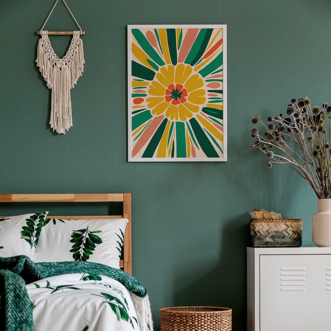 70s Retro Flower Sunburst Bold Yellow Green Floral Art Poster - Image 4