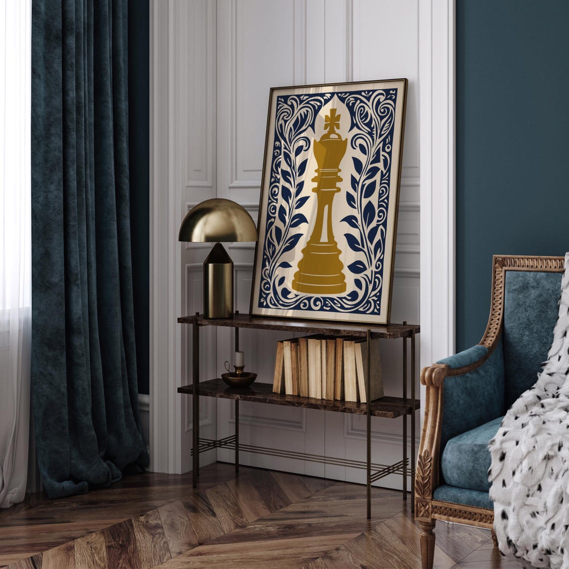 Gold Chess King Navy Botanical Linocut Style Game Room Poster - Image 3