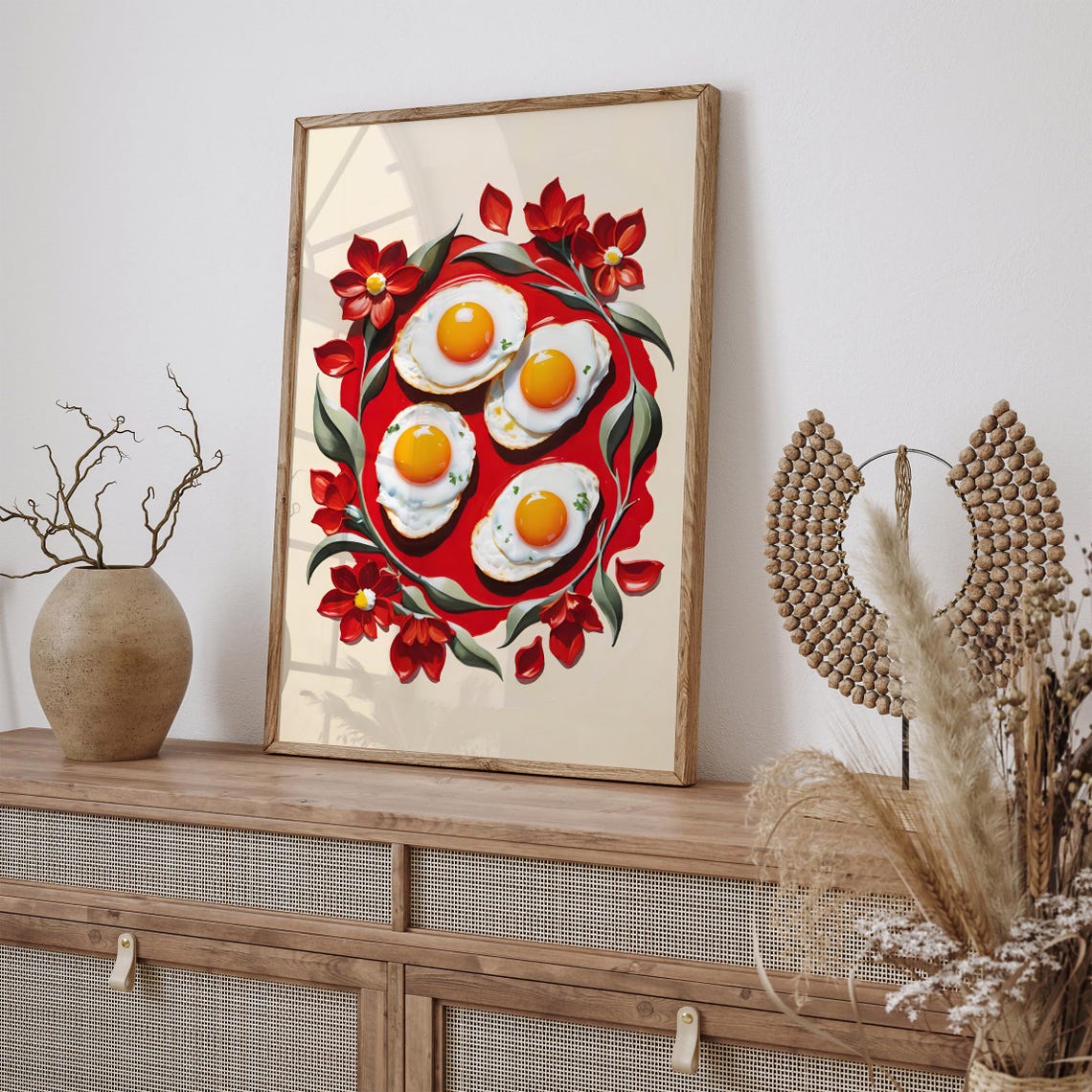 Fried Eggs Red Plate Floral Breakfast Kitchen Fun Decorative Poster - Image 3