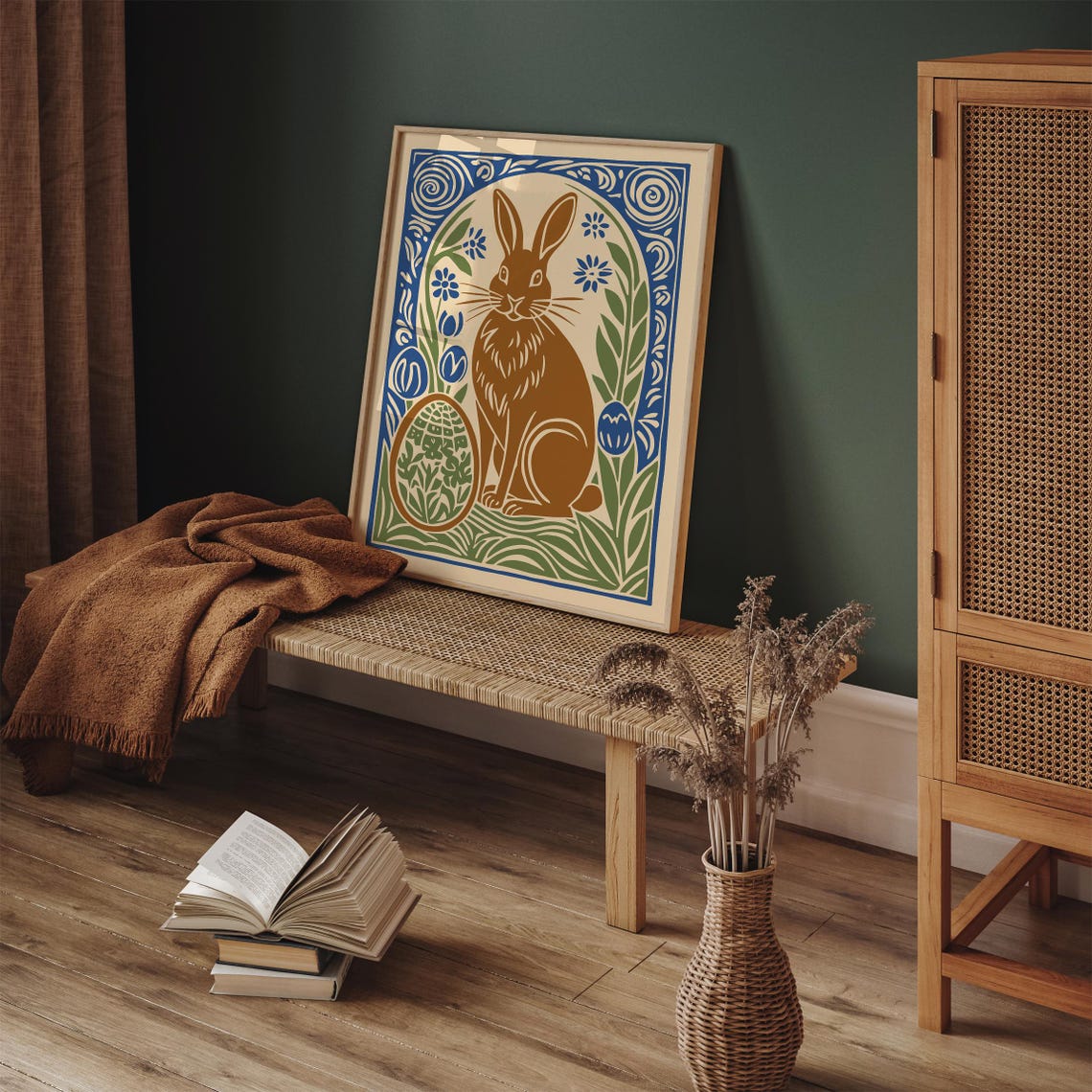 Vintage Easter Bunny Rust Brown Blue Folk Spring Holiday Art Poster - Image 6