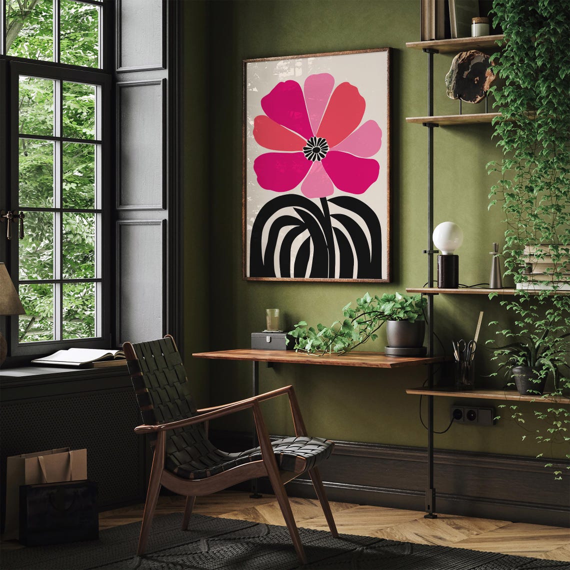 Retro Pink Blossom Abstract Flower Modern Botanical Wall Art - Image 2
