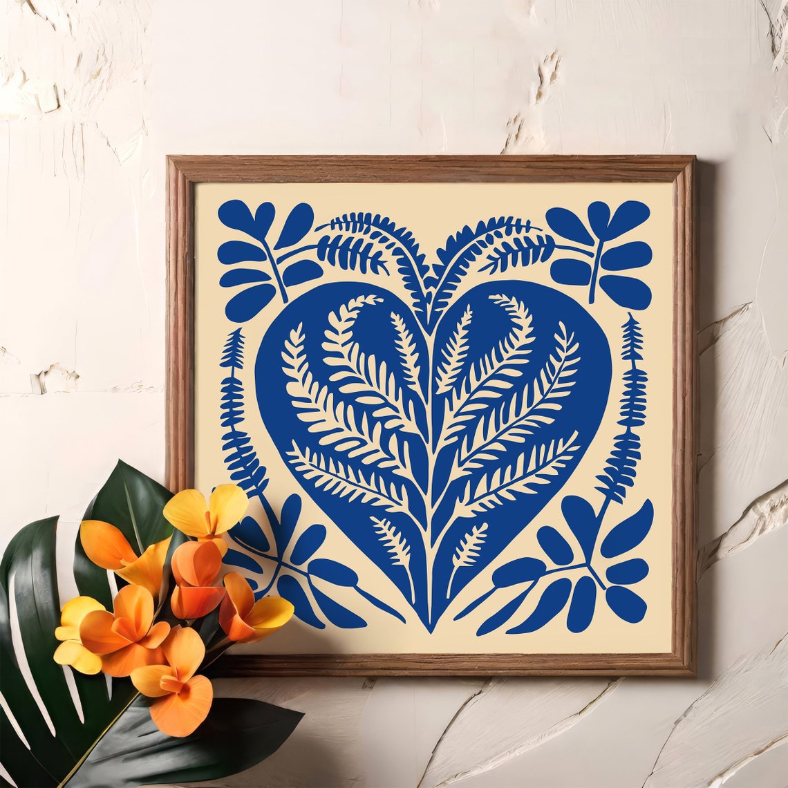 Cobalt Blue Botanical Heart Folk Art Boho Square Floral Wall Art - Image 2