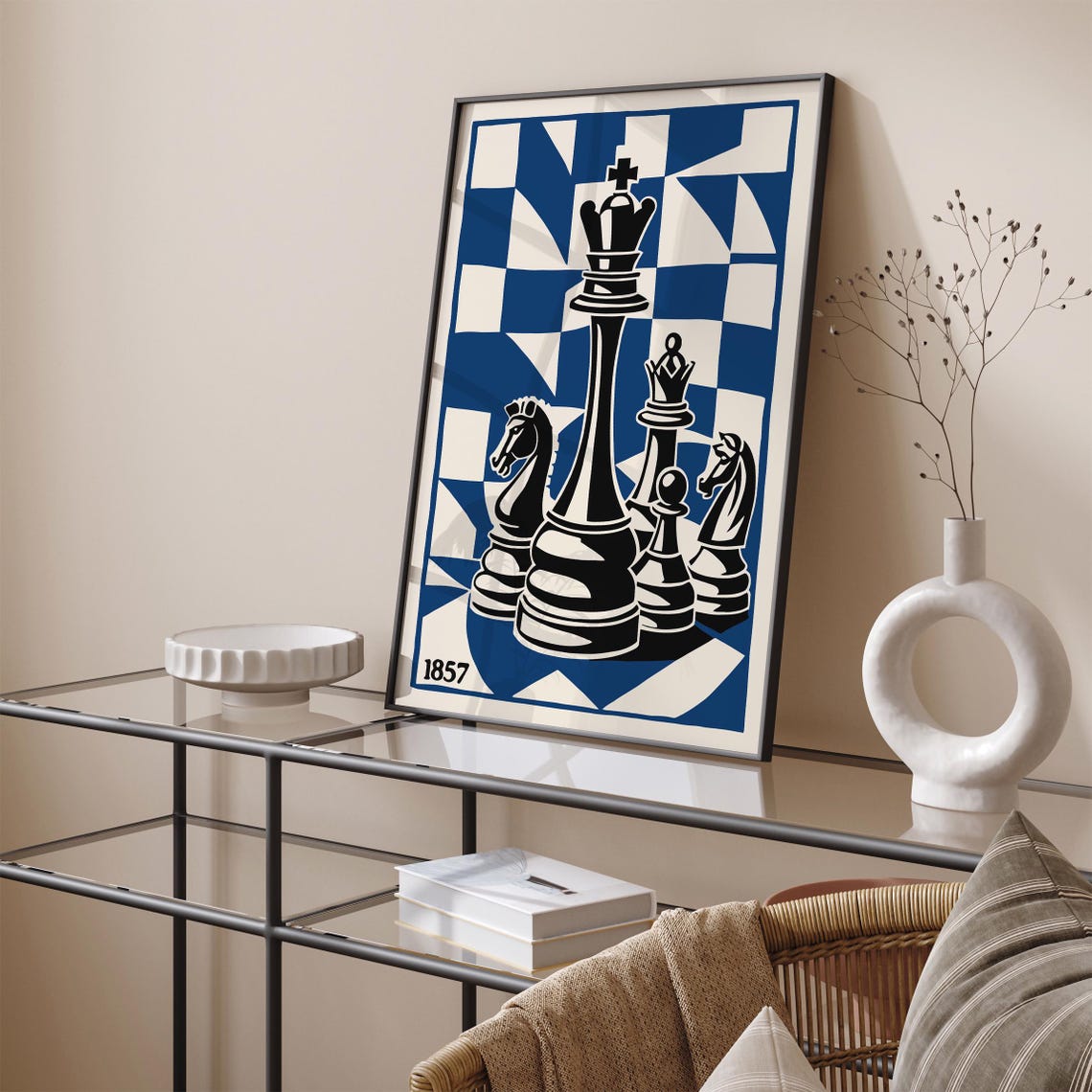 1857 Blue Chess Pieces King Queen Knights Retro Game Art Poster - Image 4