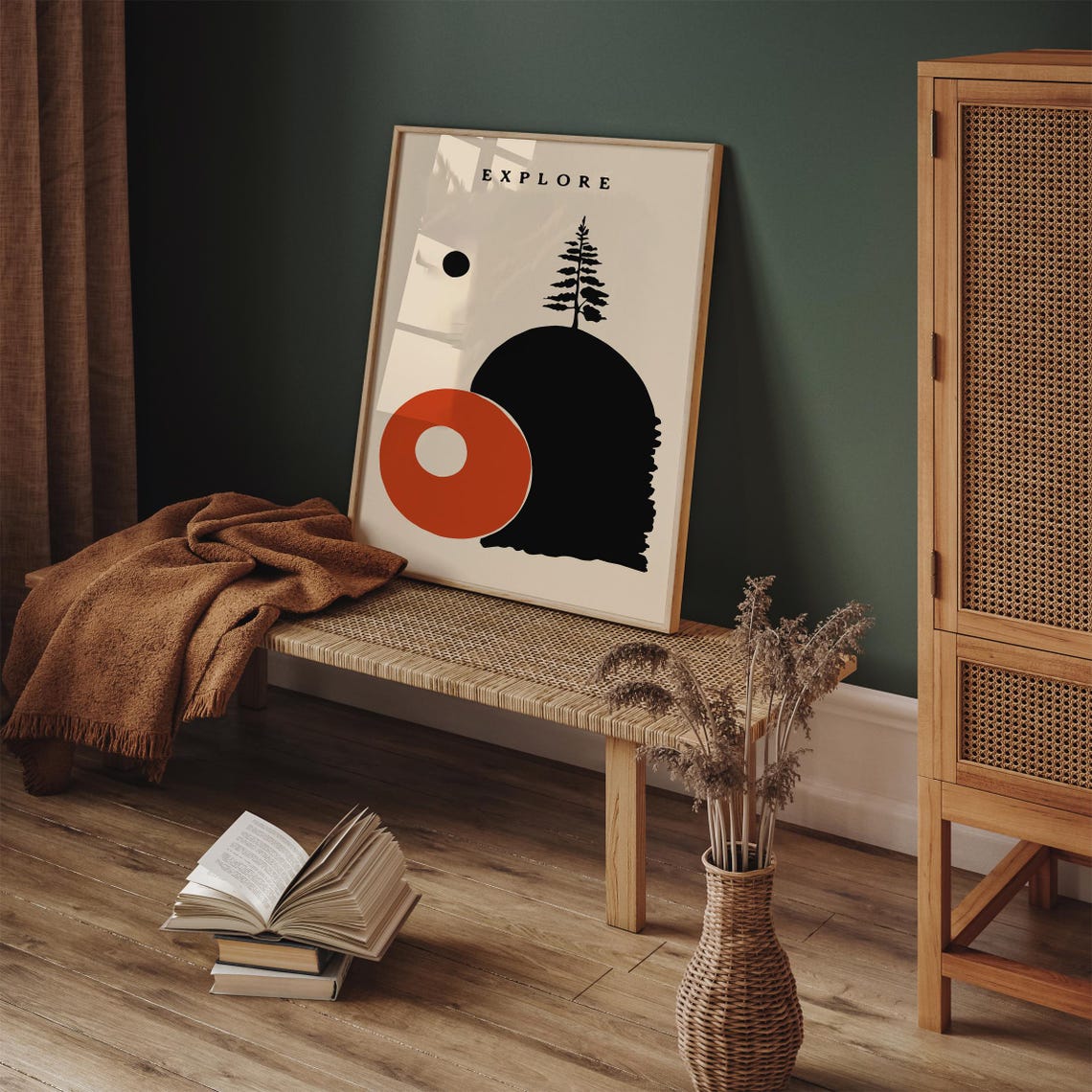Explore Minimalist Travel Poster Scene with Red Sun and Pine Tree - Image 4