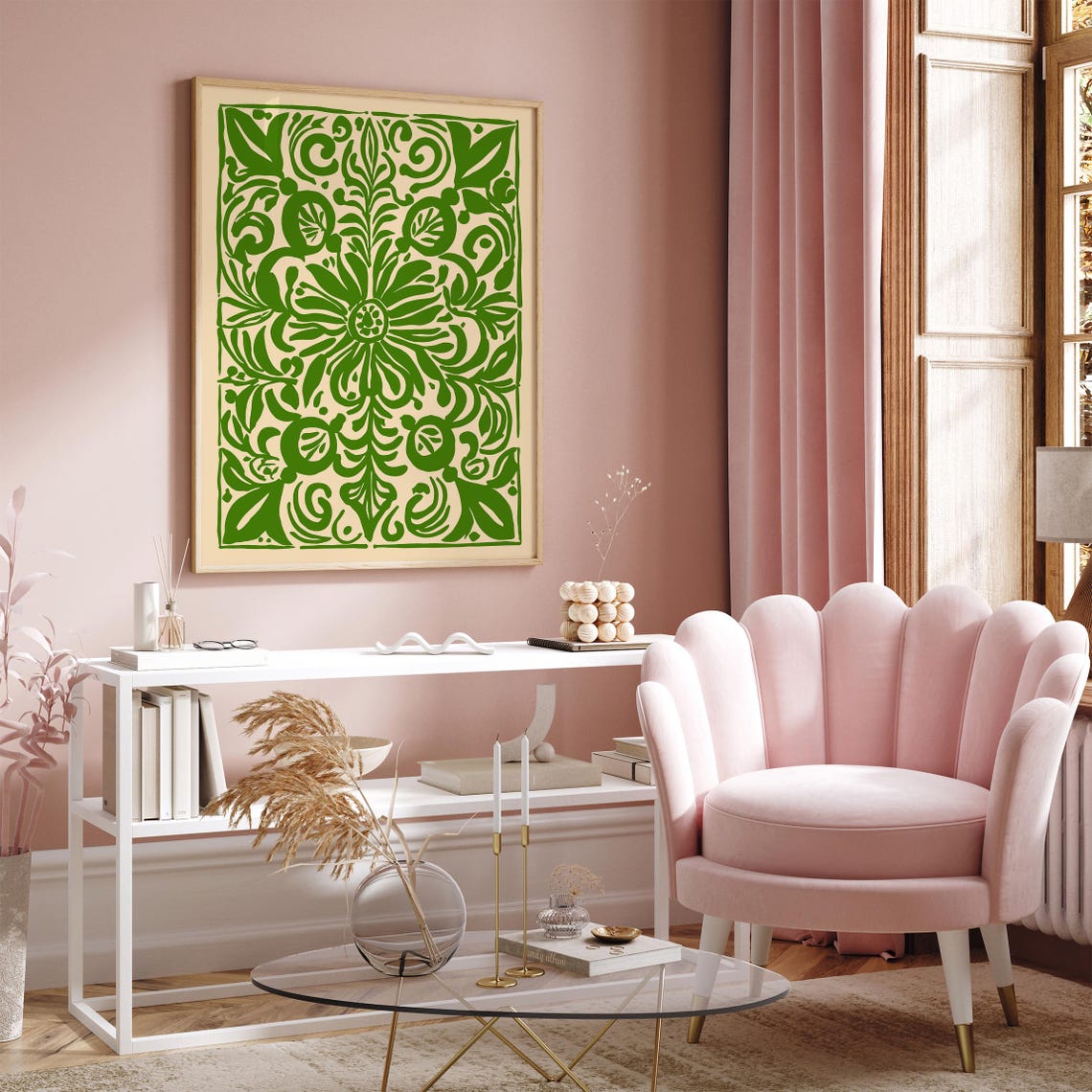 Green Symmetrical Folk Floral Ornamental Pattern Wall Poster - Image 3