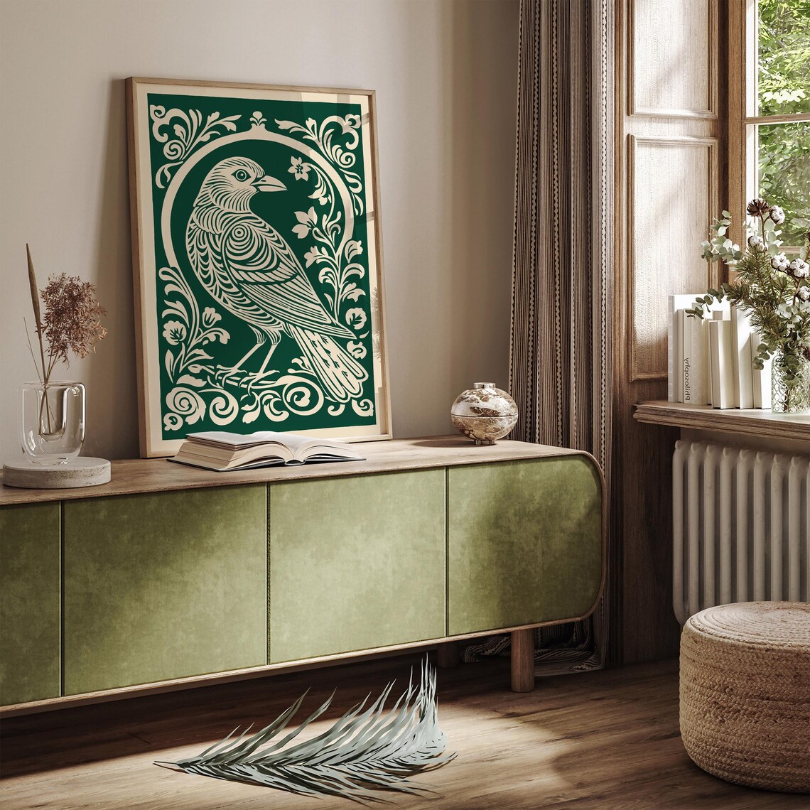 Cream Songbird on Deep Emerald Rococo Baroque Ornate Bird Poster - Image 2