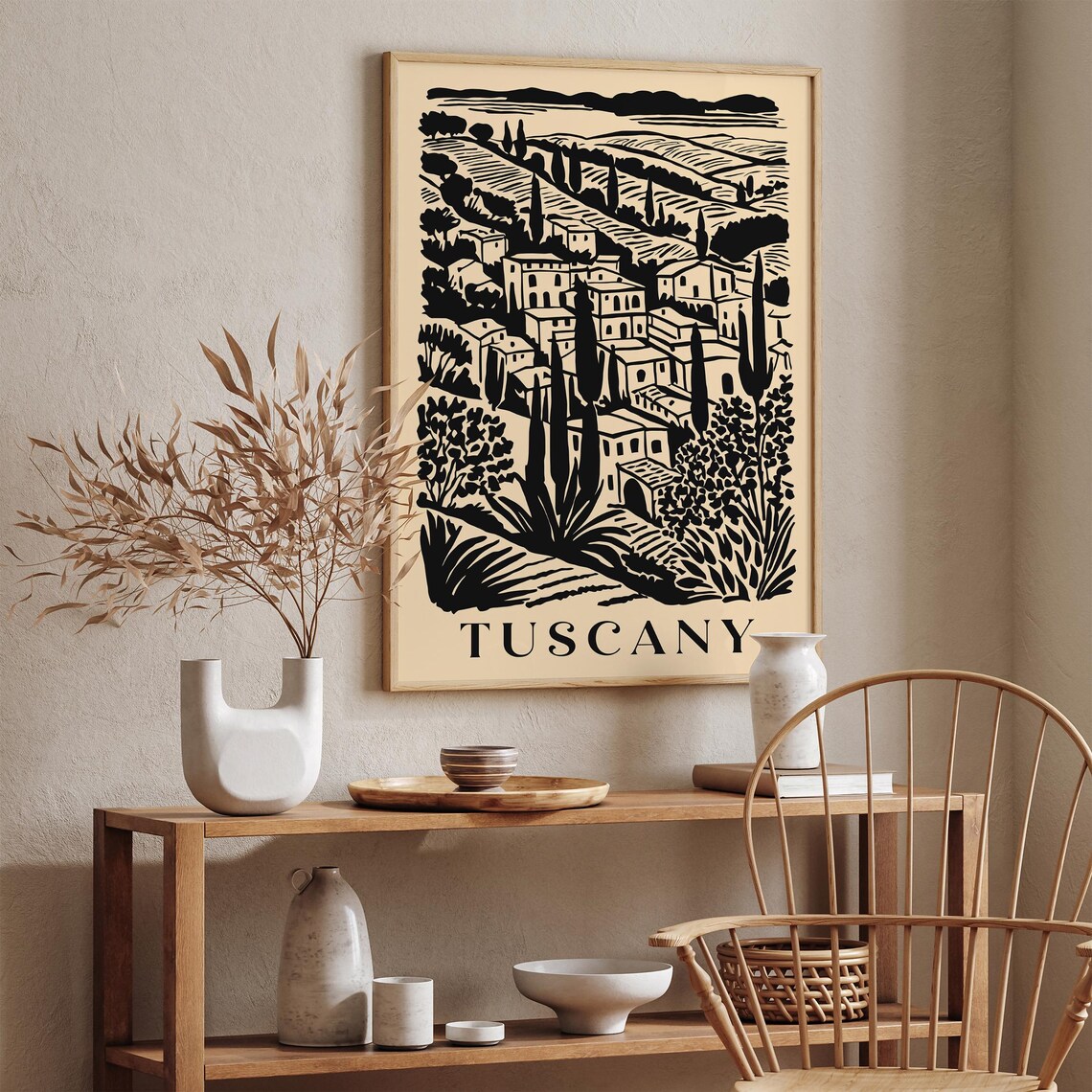 Tuscany Hill Town Black Ink Vintage Italy Travel Poster Rustic Decor - Image 3