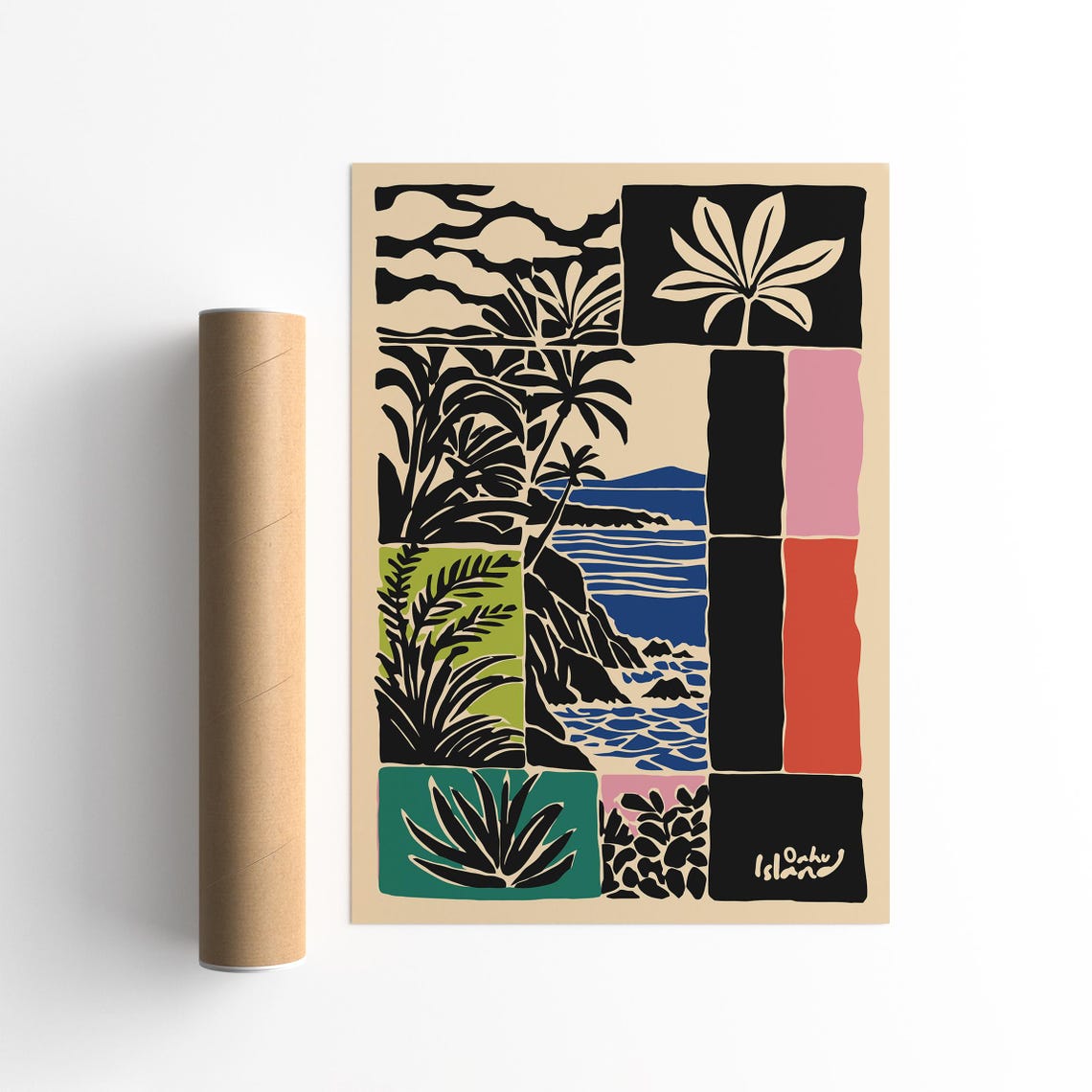 Oahu Island Patchwork Collage Hawaii Tropical Coast Travel Poster