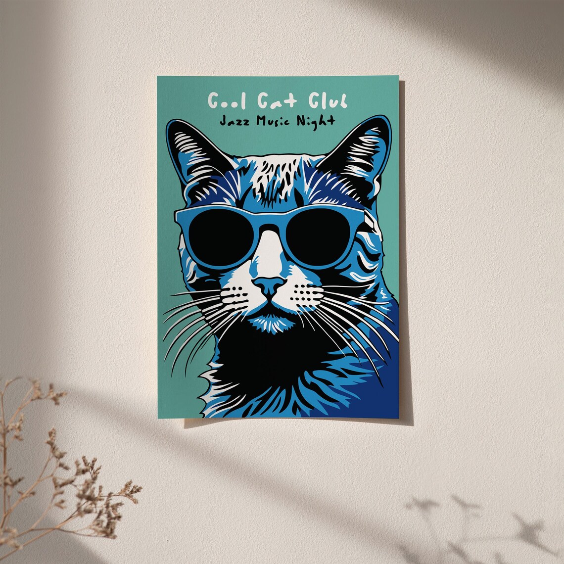 Cool Cat Club Jazz Music Night Blue Cat Sunglasses Fun Poster - Image 2