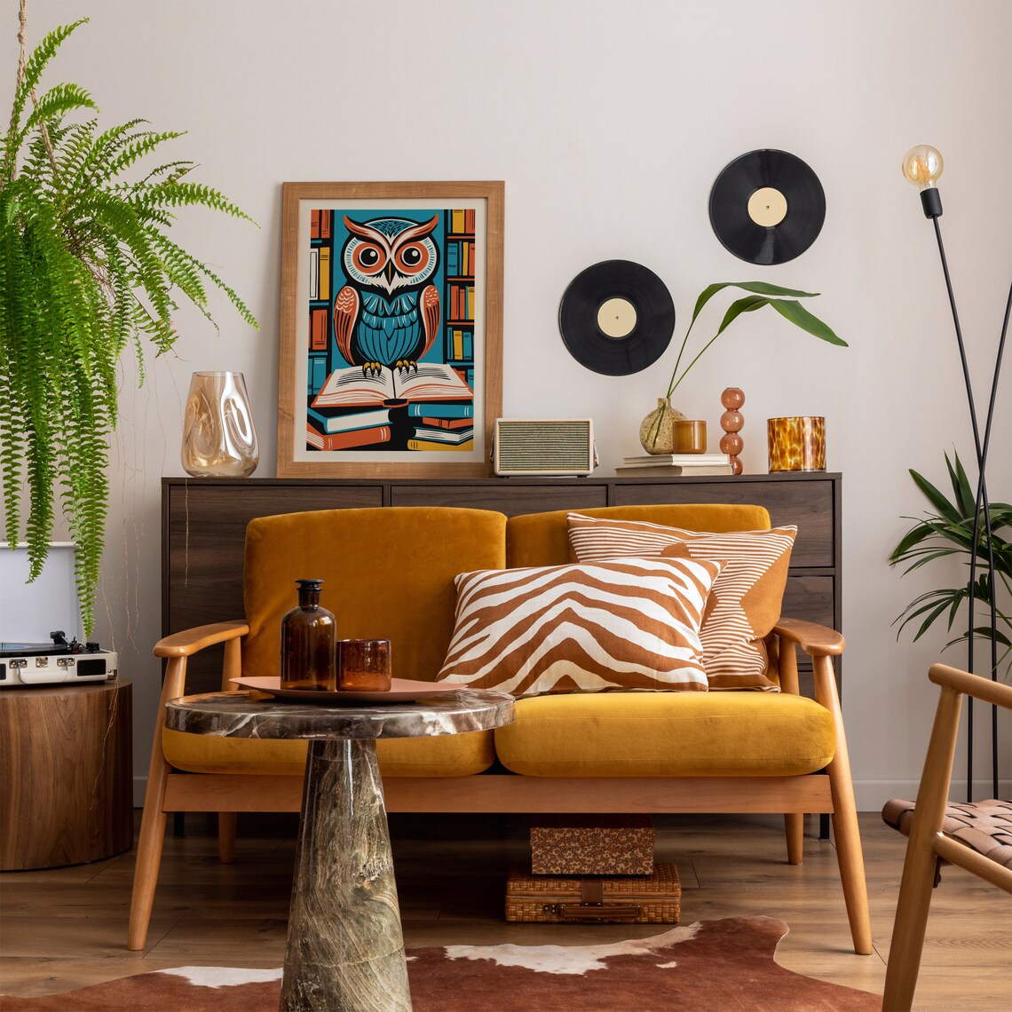 Vintage Owl Standing on Books Beside Library Bookshelf Art Poster - Image 6