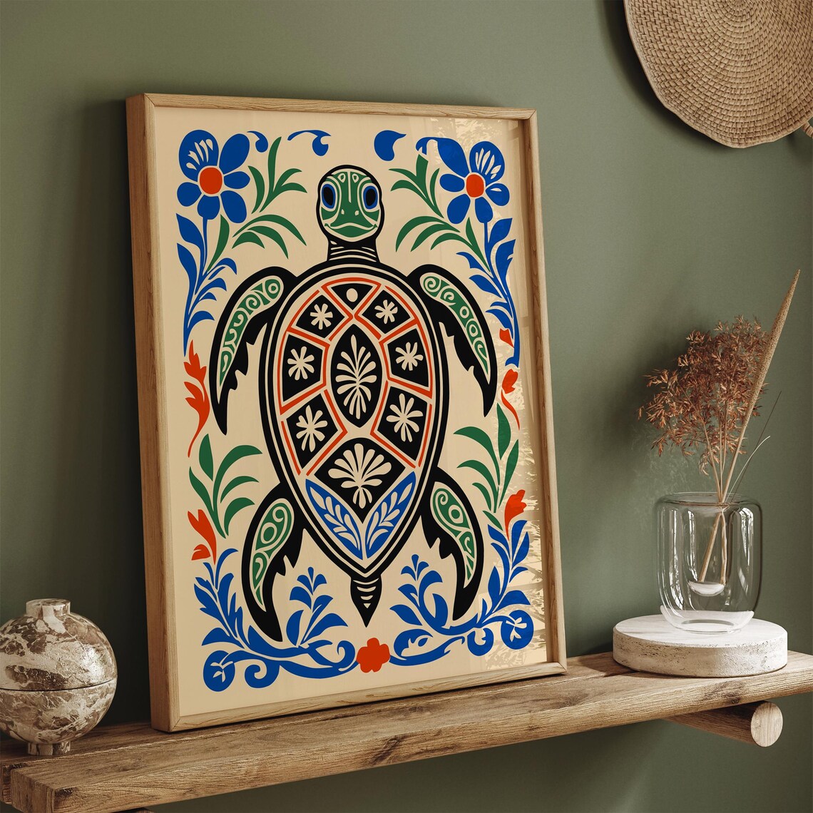 Folk Art Sea Turtle Floral Coastal Ocean Illustration Poster