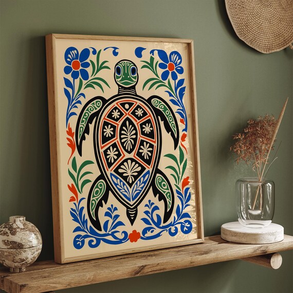 Folk Art Sea Turtle Floral Coastal Ocean Illustration Poster