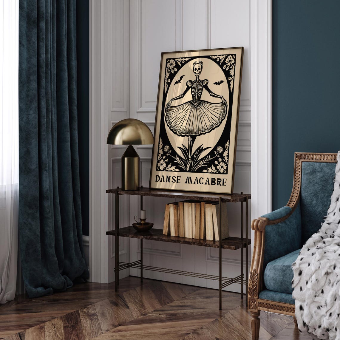 Danse Macabre Black Cream Skeleton Ballerina Woodcut Art Poster - Image 4