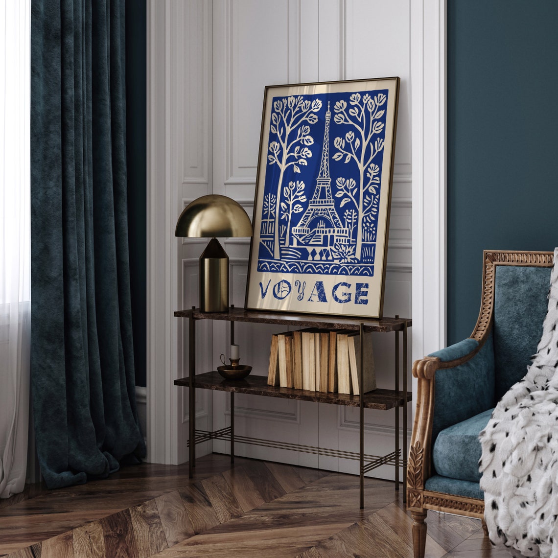 Vintage French Voyage Paris Eiffel Tower Blue Linocut Poster - Image 5
