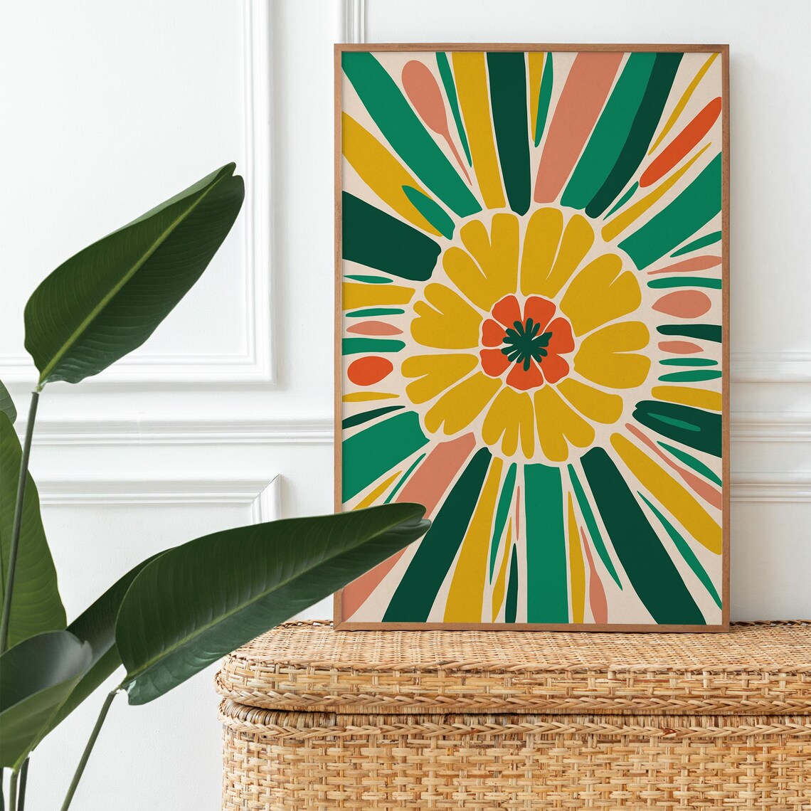 70s Retro Flower Sunburst Bold Yellow Green Floral Art Poster - Image 2