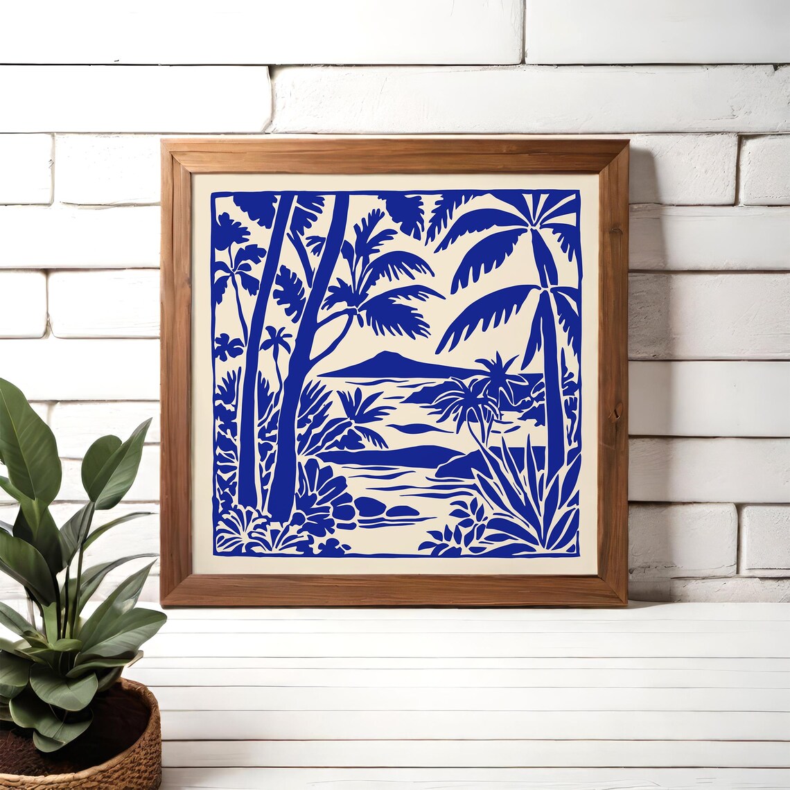 Hawaii Blue Ink Palm Lagoon Linocut Tropical Travel Art Poster - Image 6