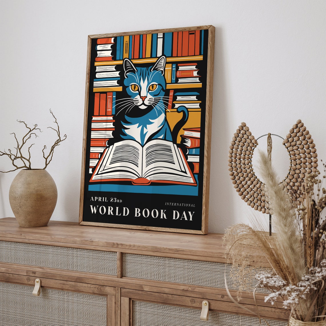 World Book Day Blue Cat Reading Library Bookshelf Art Poster - Image 5