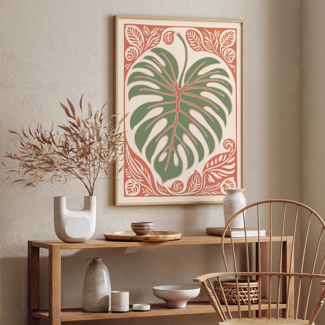 Green Monstera Leaf Linocut Tropical Botanical Terracotta Art Poster - Image 4