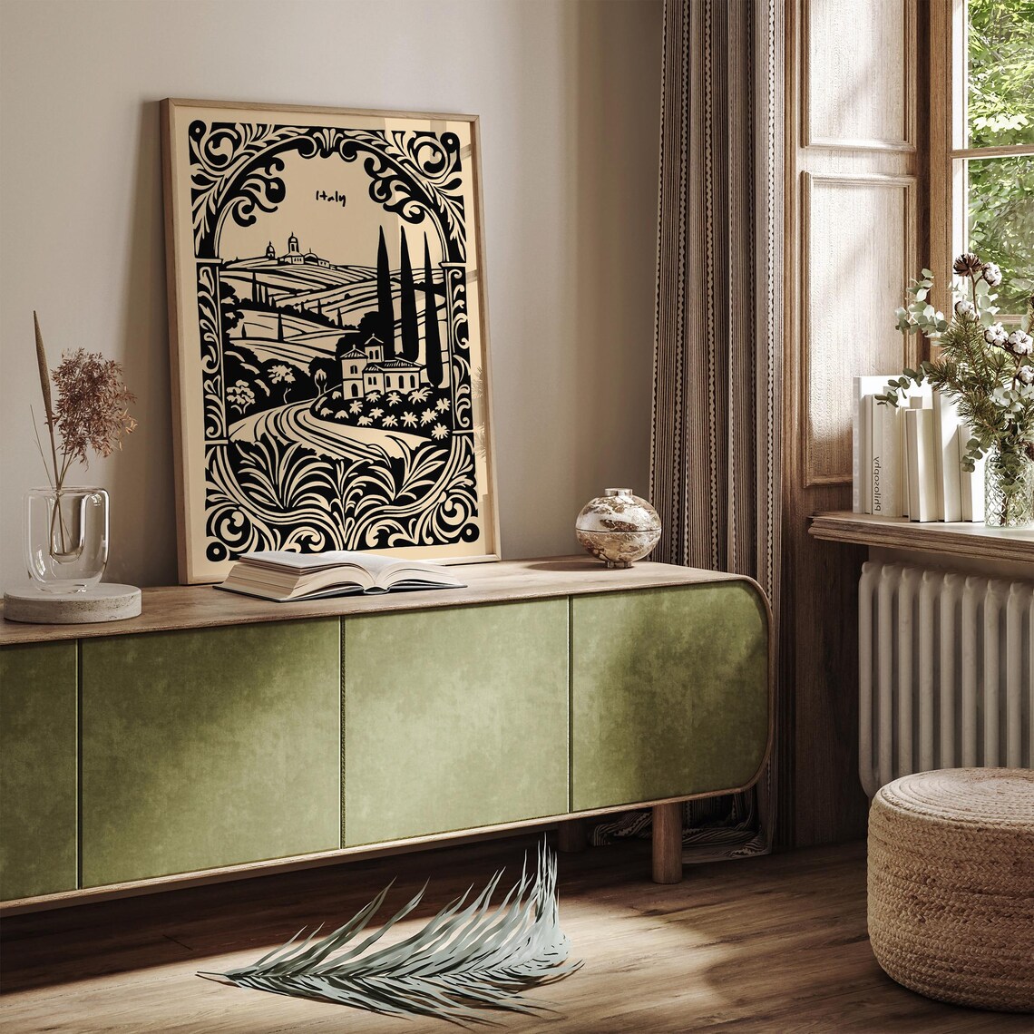 Tuscany Italy Countryside Villa Cypress Hills Linocut Poster - Image 4