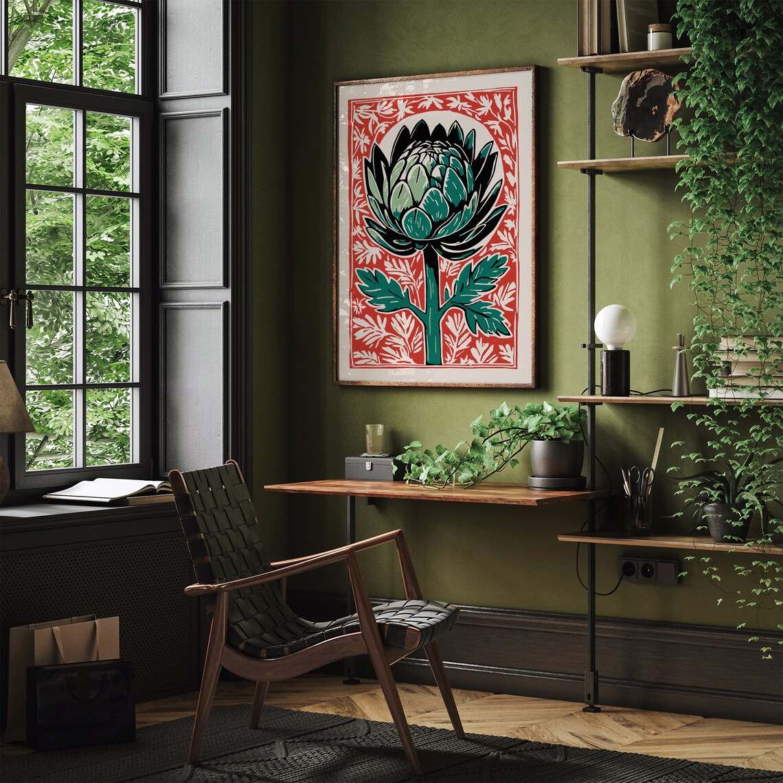 Red and Green Artichoke Linocut Style Vintage Kitchen Wall Poster - Image 4