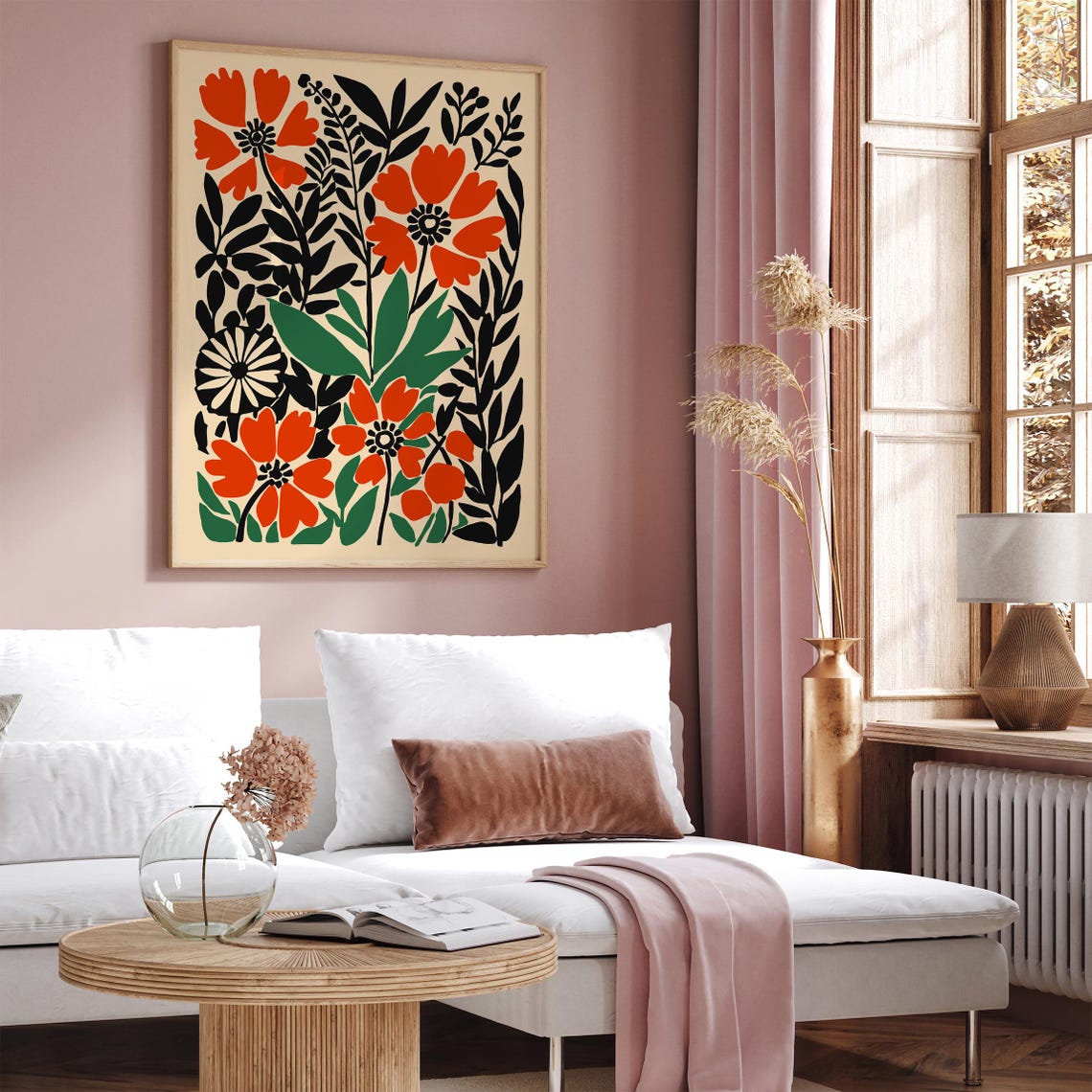 Retro Orange Poppy Floral Design with Bold Black Leaves Poster - Image 3