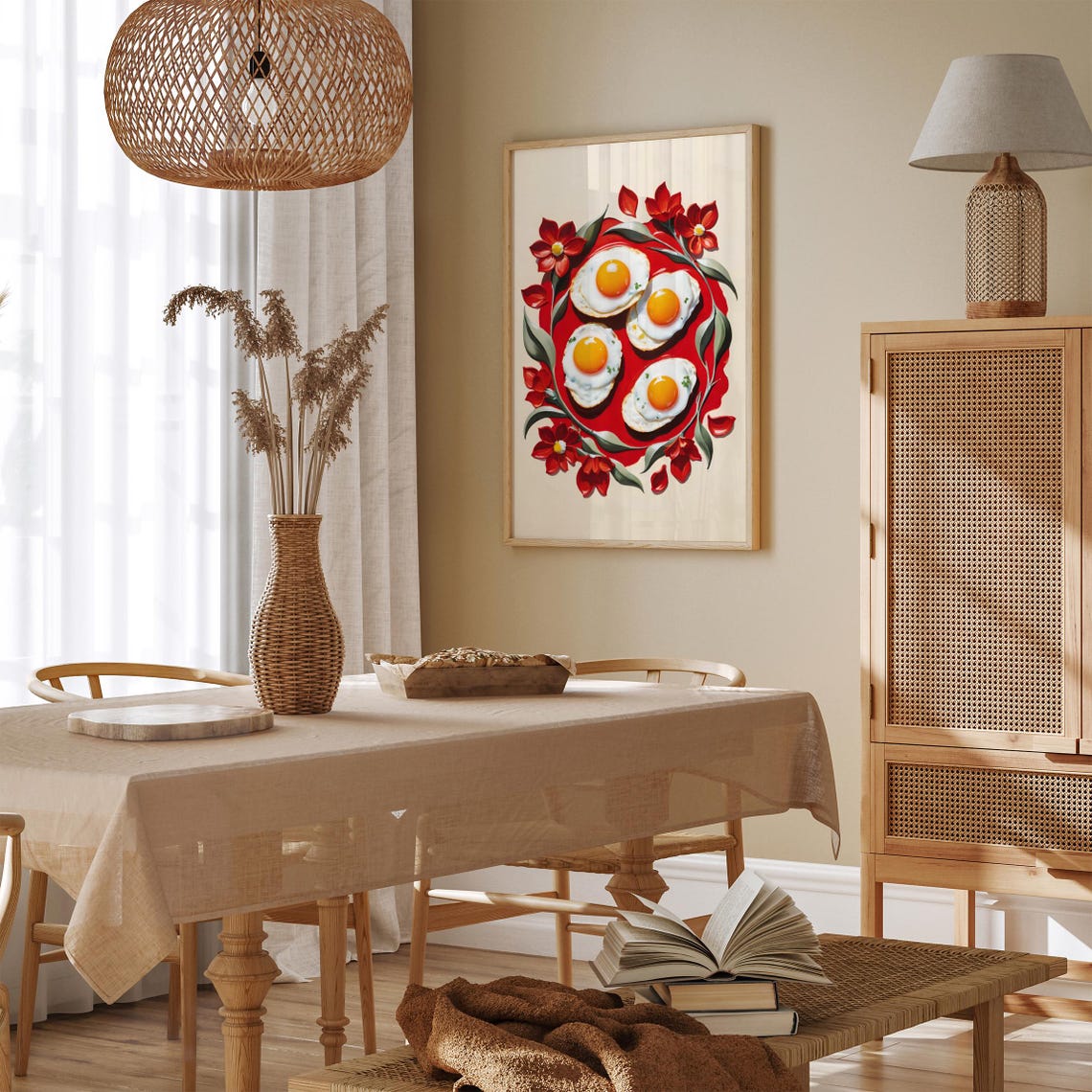 Fried Eggs Red Plate Floral Breakfast Kitchen Fun Decorative Poster - Image 4