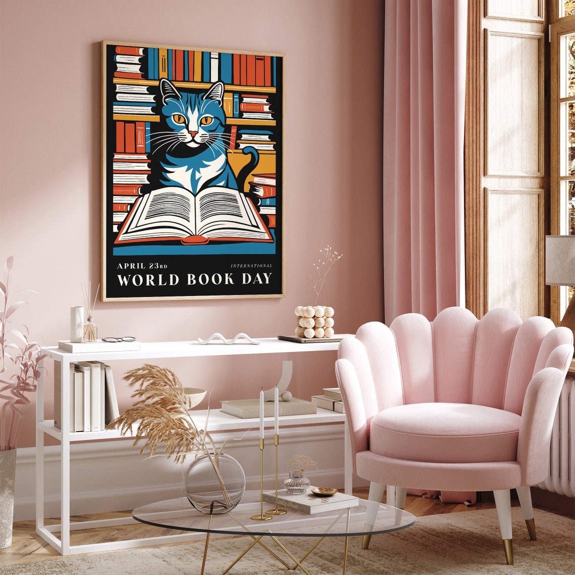 World Book Day Blue Cat Reading Library Bookshelf Art Poster - Image 2