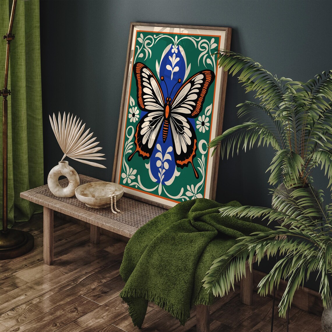 Art Nouveau Butterfly Poster Green Blue and Orange Vintage Style - Image 3