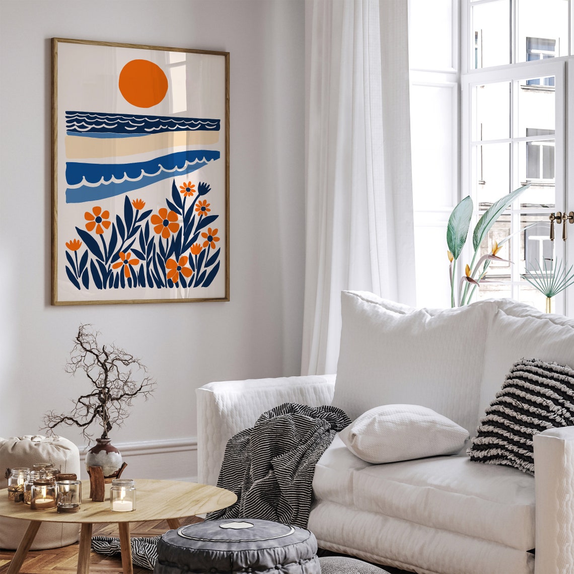Abstract Floral Ocean Sunset Orange Sun Blue Waves Scene Poster - Image 2