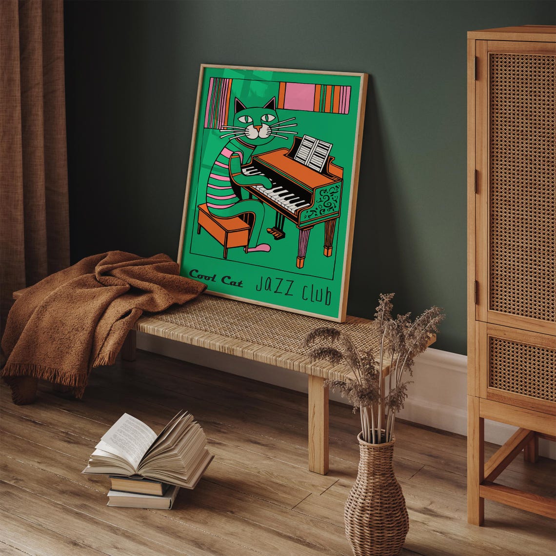 Cool Cat Jazz Club Poster Green Music Poster Music Print Colorful Wall Art Retro Cat Print Concert Jazz Festival Airbnb Wall Decor - Image 3