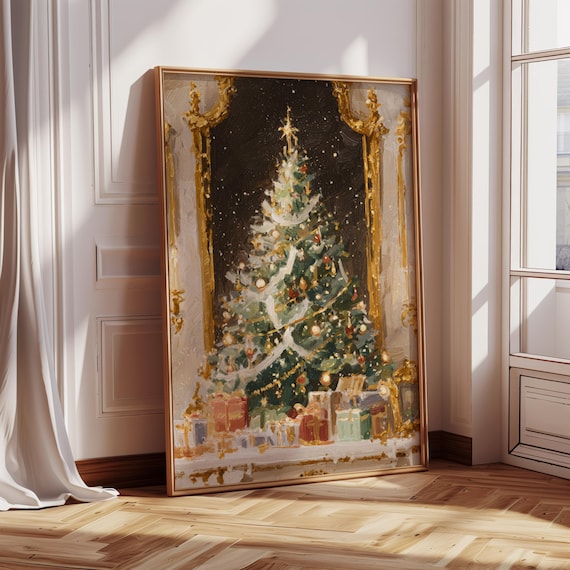 Elegant Christmas Tree With Gold Ornaments Between Golden Curtains Print