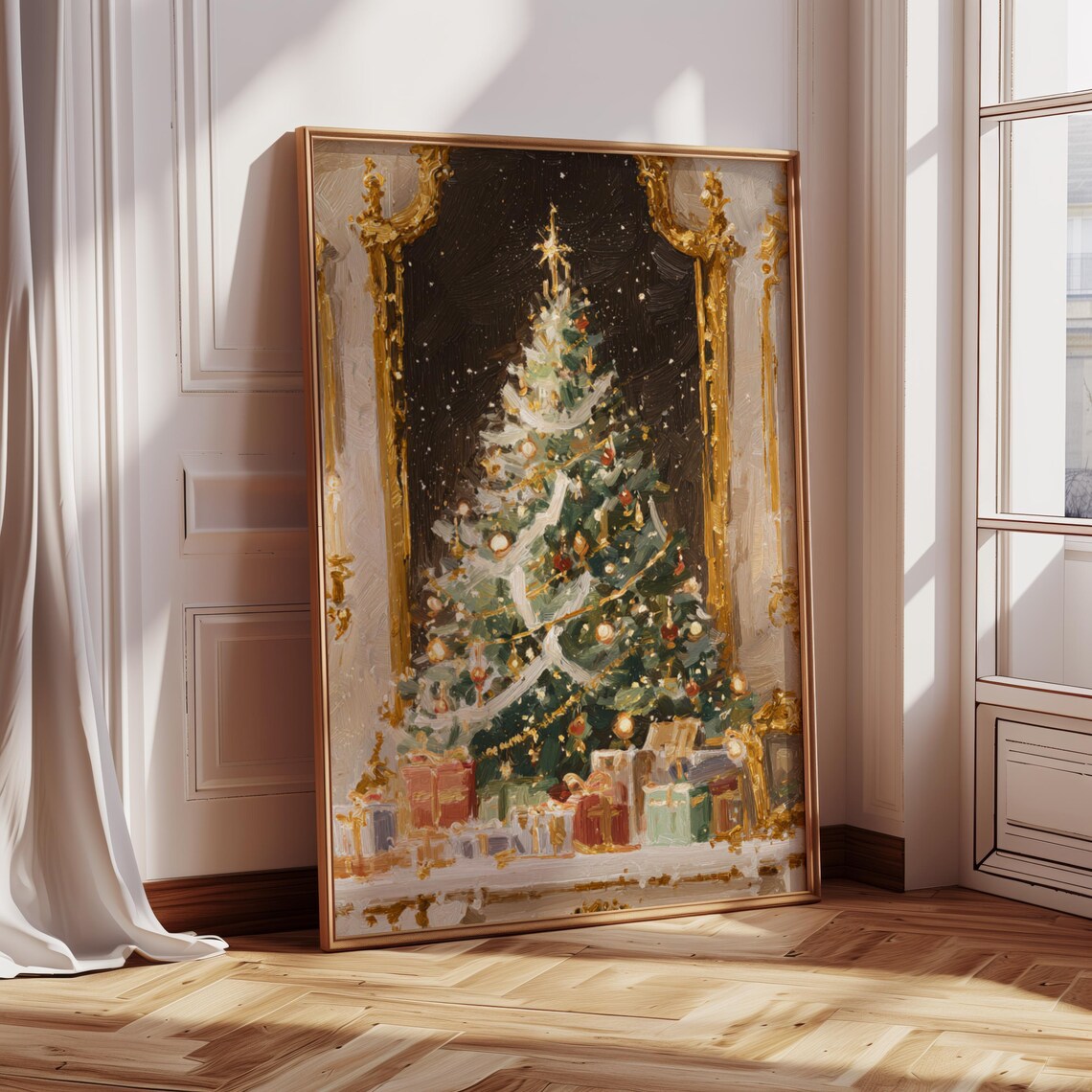 Elegant Christmas Tree With Gold Ornaments Between Golden Curtains Print