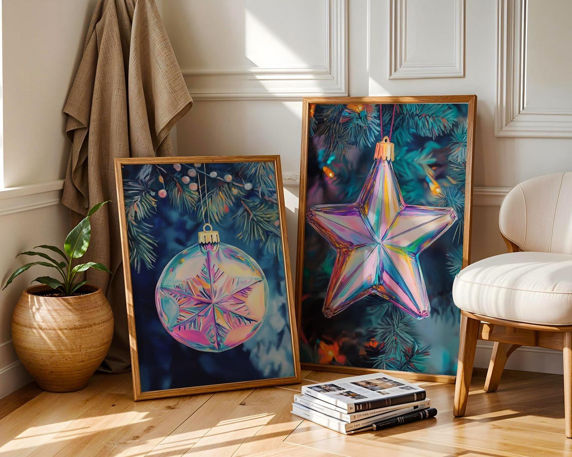 Iridescent Christmas Ornament Two Piece Holiday Star Bauble Wall Art