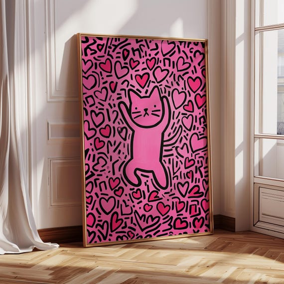 Pink Cat Retro Dancing Kitten Art Print
