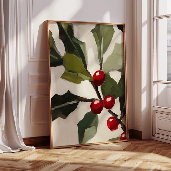 Red Holly Christmas Print, Vintage Holiday Art Print