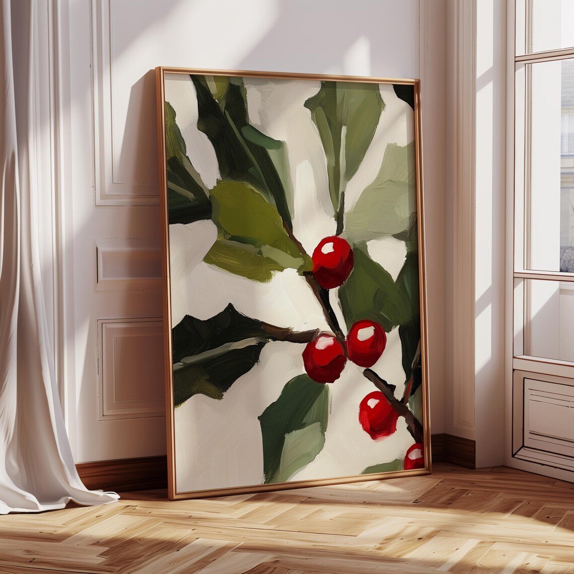 Red Holly Christmas Print, Vintage Holiday Art Print