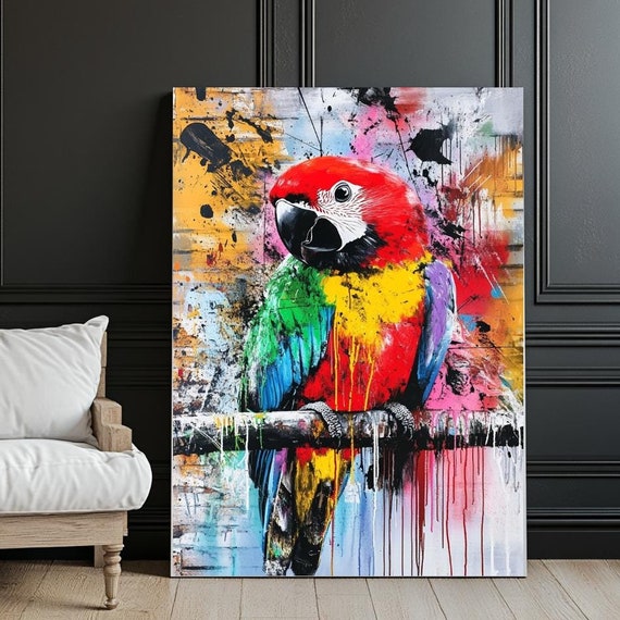 Colorful Parrot Wall Art Abstract Bird Canvas Print Vibrant Macaw Painting Modern Exotic Decor Large Tropical Artwork