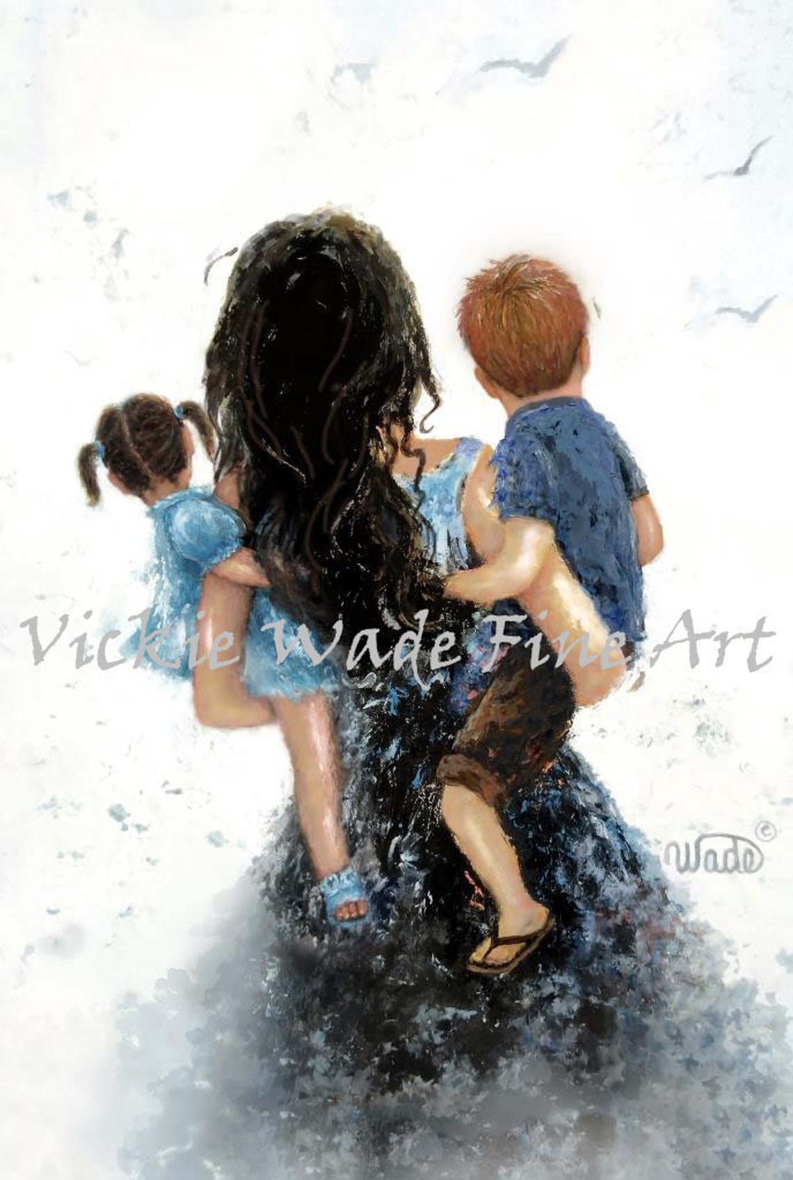 Redhead Mom Carrying Her Son and Daughter Tender Family Poster