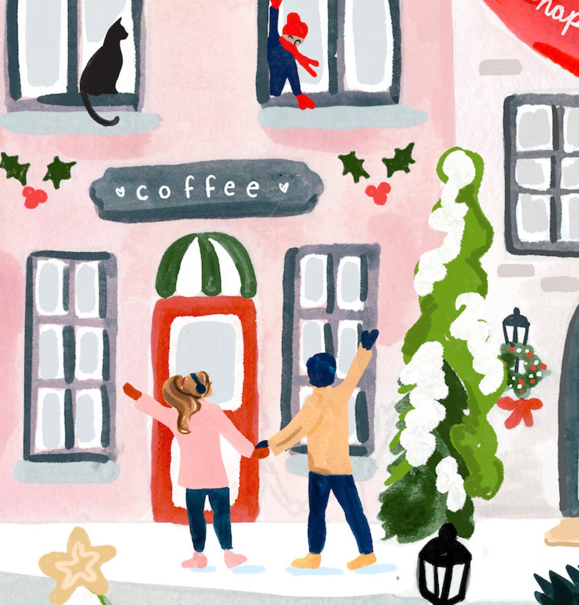 Christmas Village Art Print, Holiday Watercolor Gouache - Image 2